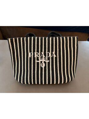 Prada Black & White Raffia Tote Bag